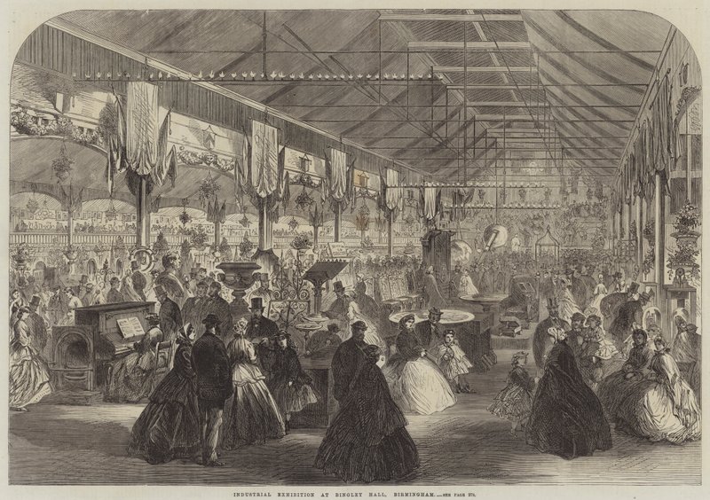 Industriell utstilling i Bingley Hall, Birmingham (gravering) av English School
