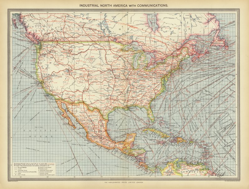Industrielt Nord-Amerika med kommunikasjon (farge litho) av English School