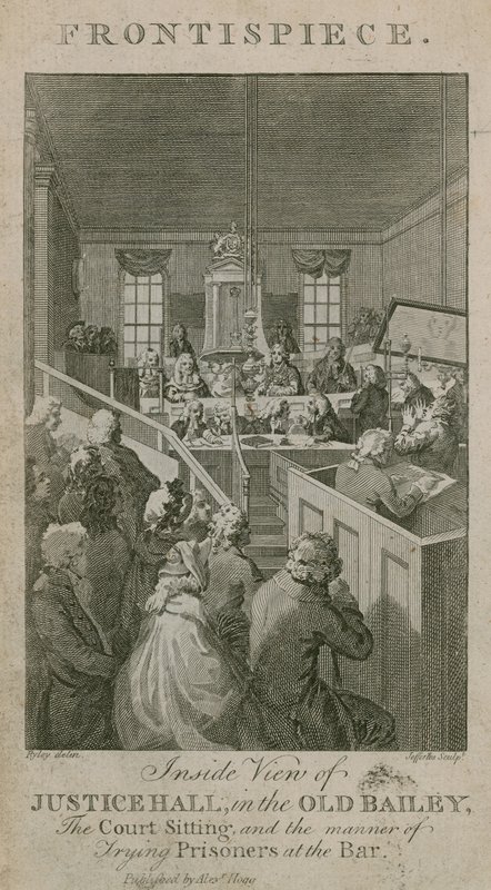 Innvendig visning av Justice Hall i Old Bailey, rettsmøtet og måten å prøve fanger i baren av English School