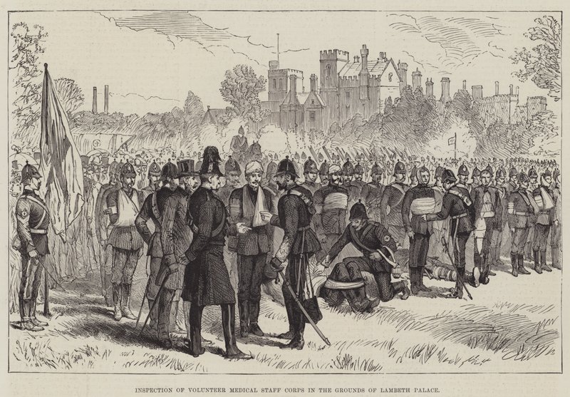 Inspeksjon av frivillige medisinske stabskorps på eiendommen til Lambeth Palace (gravering) av English School