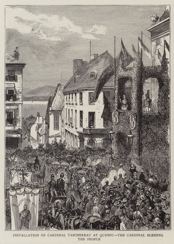Installasjon av kardinal Taschereau i Quebec, kardinal som velsigner folket (gravering) av English School