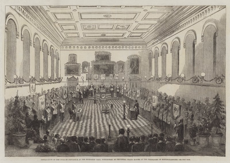Installasjon av hertugen av Newcastle ved Mechanics' Hall Nottingham som provinsiell stormester for frimurerne i Nottinghamshire (gravering) av English School