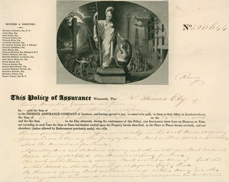 Forsikringspolise for Phoenix Assurance Company, London av English School
