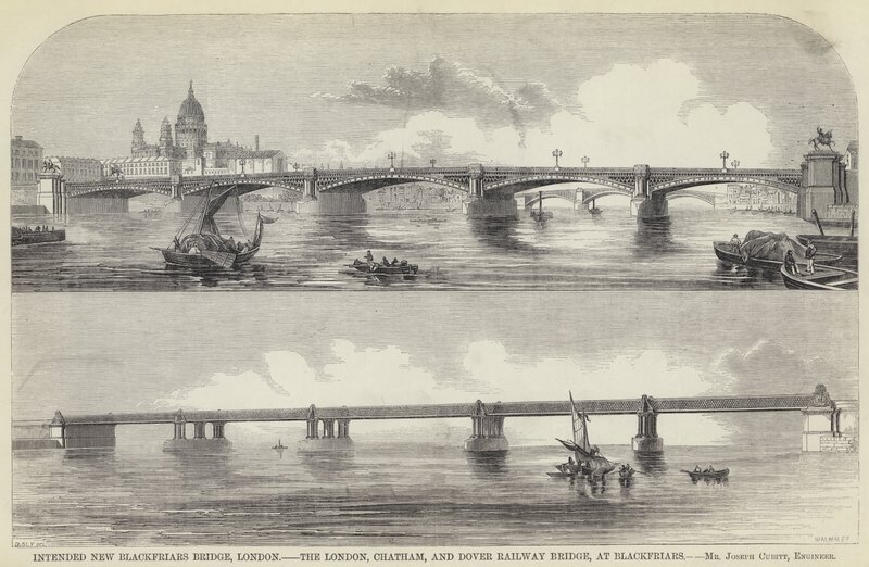 Tiltenkt New Blackfriars Bridge, London, London, Chatham og Dover Railway Bridge, ved Blackfriars (gravering) av English School
