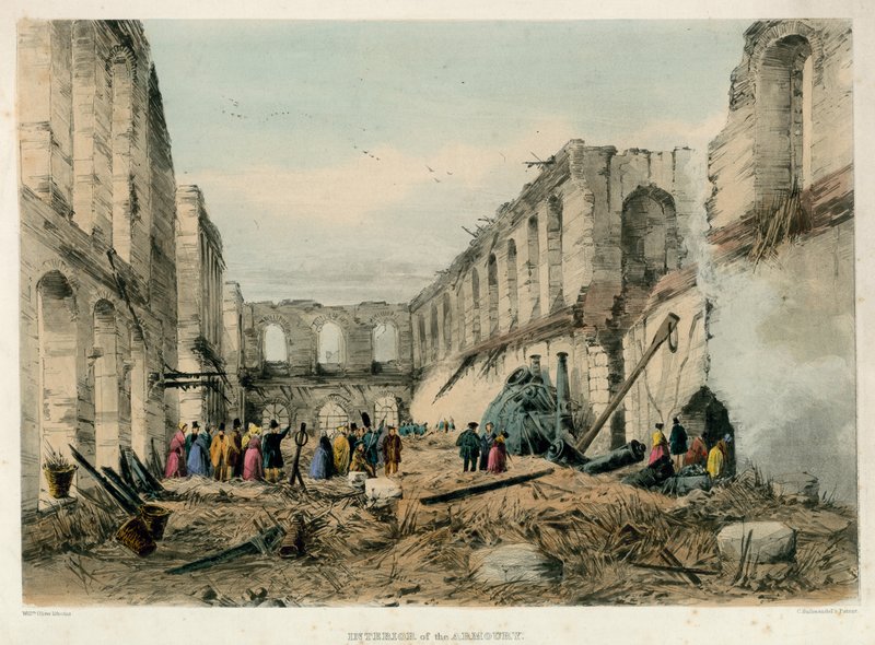 Interiør av Armoury, Tower of London Fire, 1841 av English School