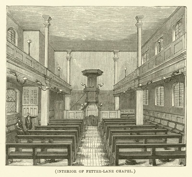 Interiøret i Fetter-Lane-kapellet (gravering) av English School
