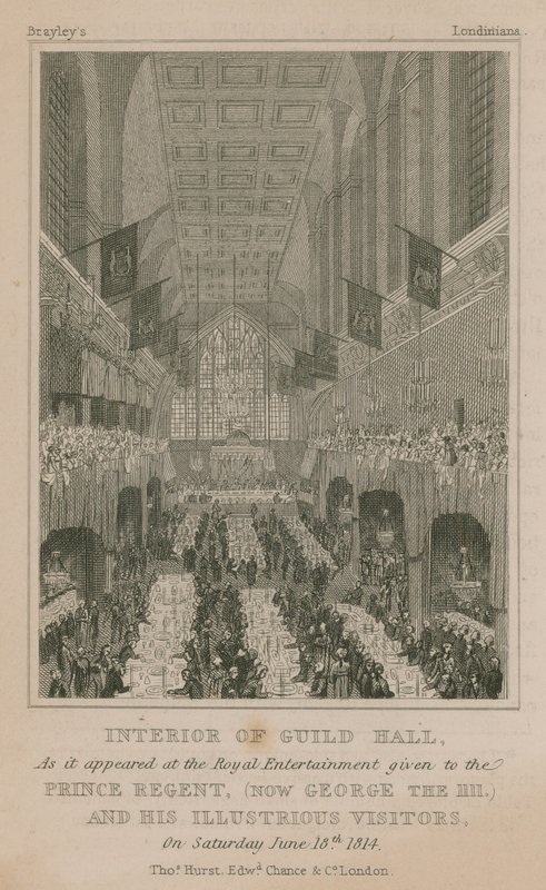 Interiøret i Guildhall, London, slik det så ut på Royal Entertainment gitt til Prince Regent av English School