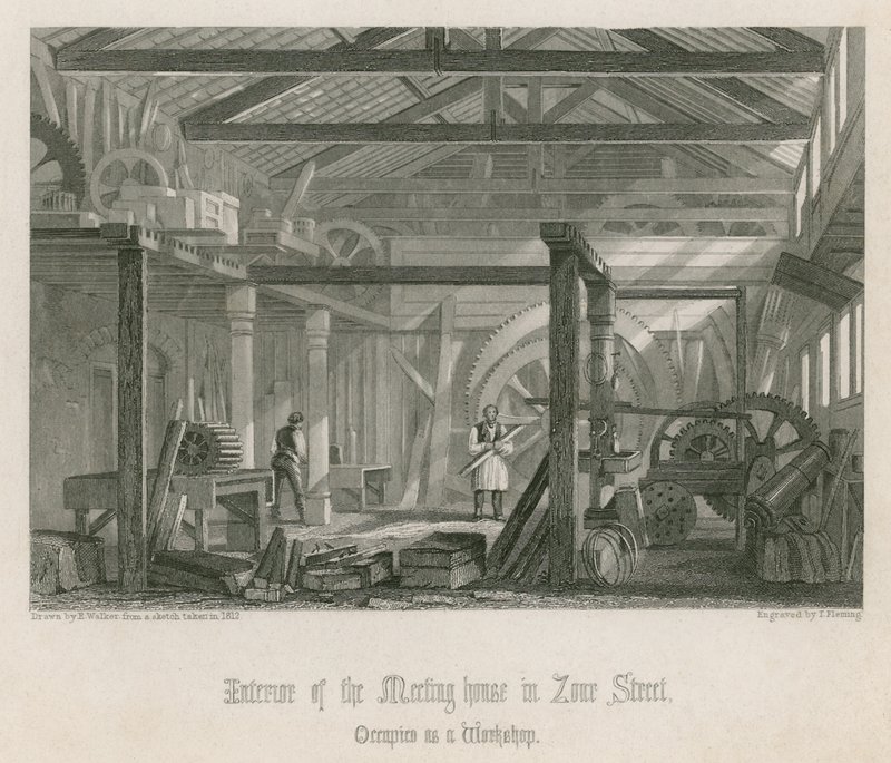 Interiør av John Bunyans møtehus i Zoar Street, Gravel Lane, Southwark av English School