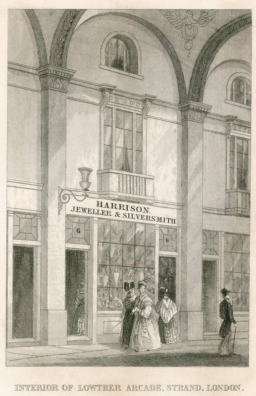 Interiør i Lowther Arcade, Strand, London, med Harrison, gullsmed og sølvsmed av English School