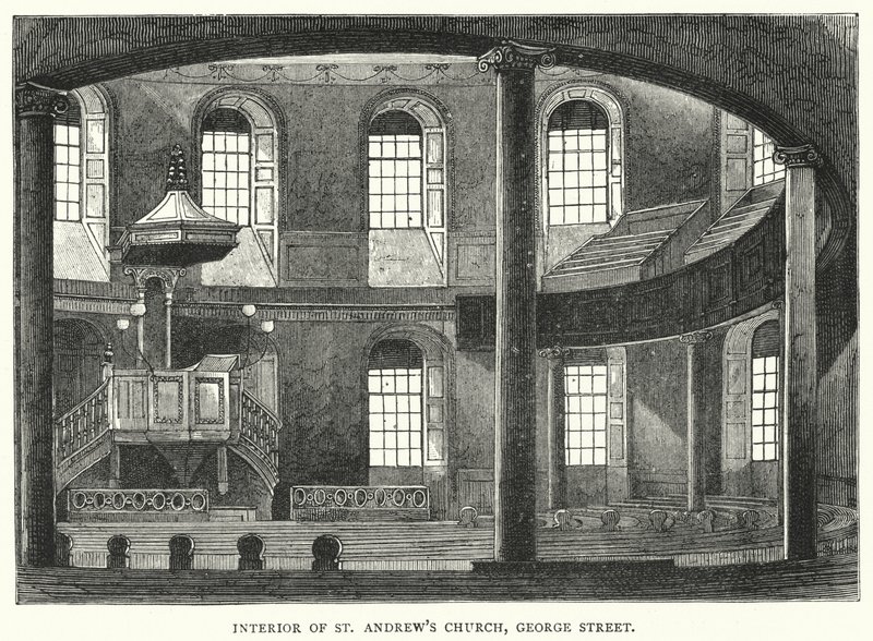 Interiør i St Andrew's Church, George Street (gravering) av English School