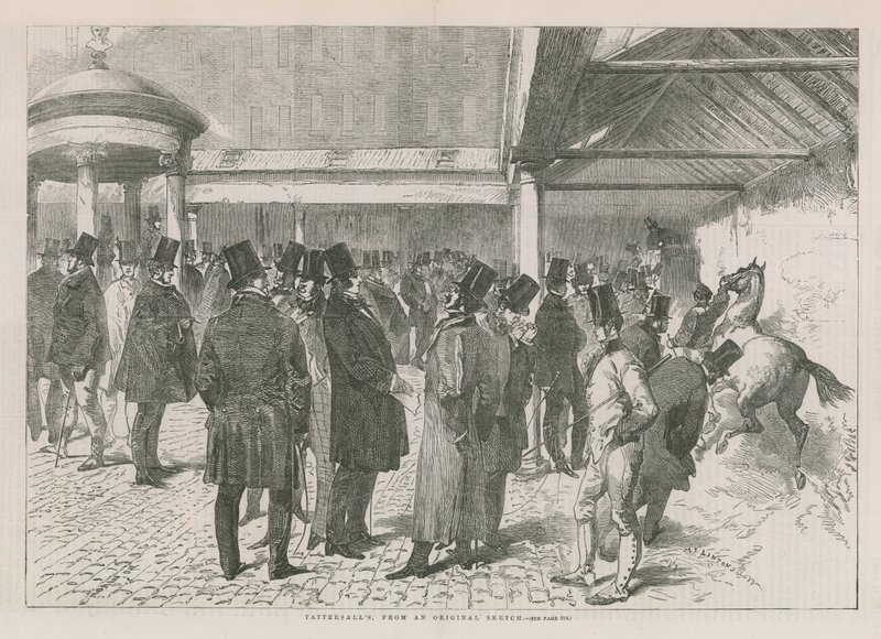 Interiør av Tattersalls auksjonshus (gravering) av English School