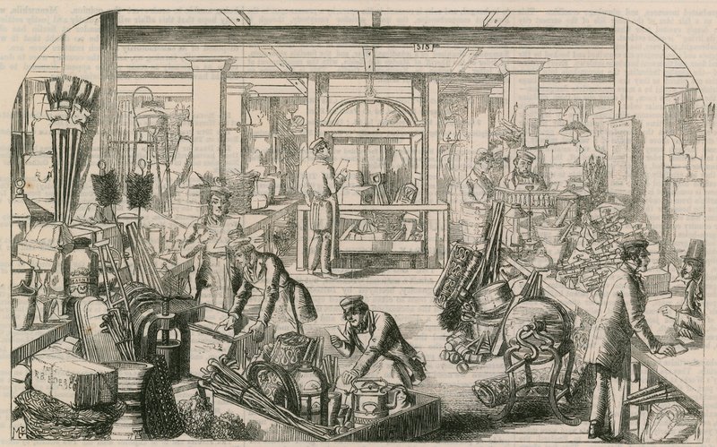 Interiør i et bylager, London av English School