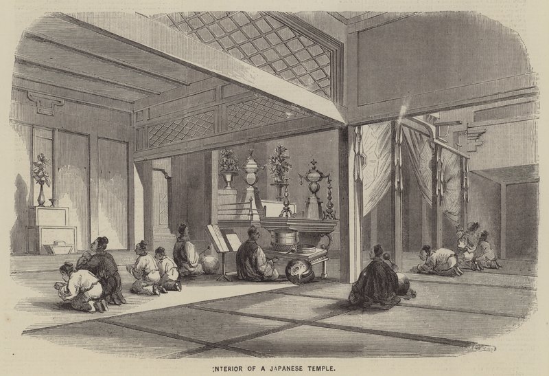 Interiør av et japansk tempel (gravering) av English School