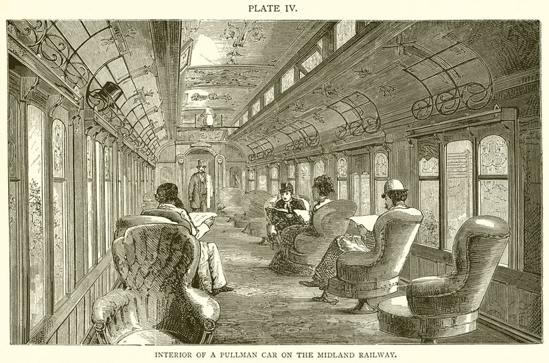 Interiør i en Pullman Car på Midland Railway av English School