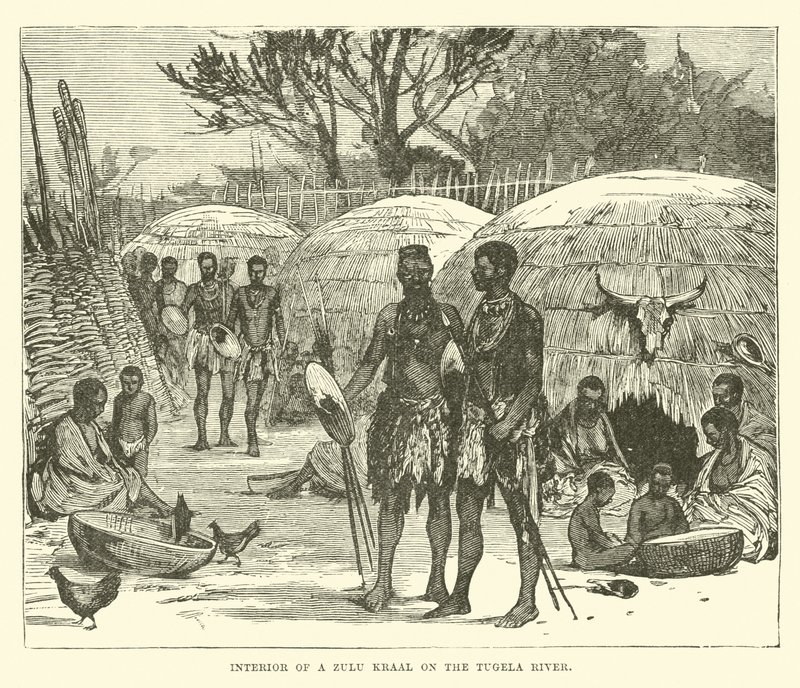 Interiør i en Zulu Kraal ved Tugela-elven av English School