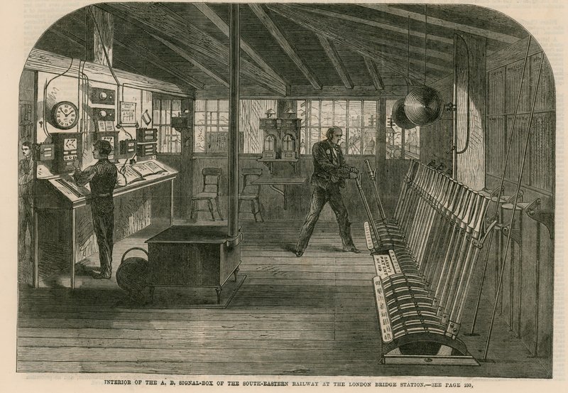 Interiøret i A, B, signalboksen til South-Eastern Railway ved London Bridge-stasjonen av English School
