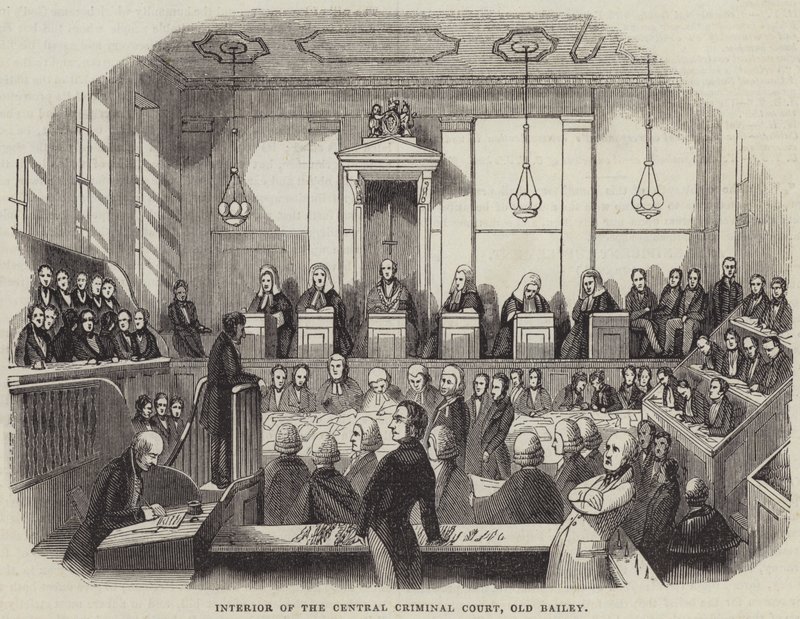 Interiøret i Central Criminal Court, Old Bailey (gravering) av English School