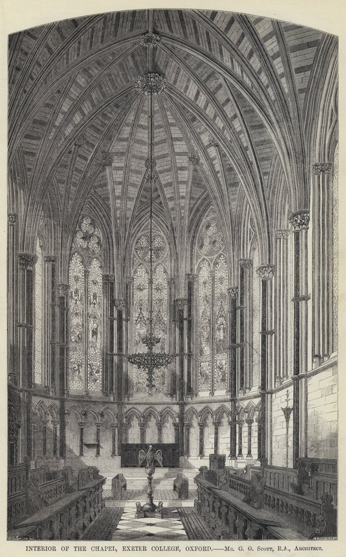 Interiør av kapellet, Exeter College, Oxford (gravering) av English School