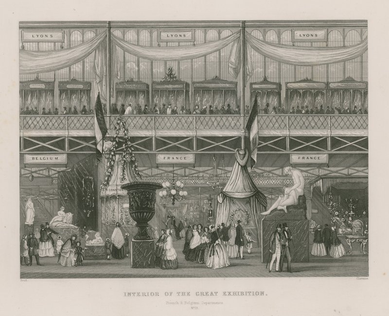 Interiør av den store utstillingen, 1851, fransk og belgisk avdeling av English School