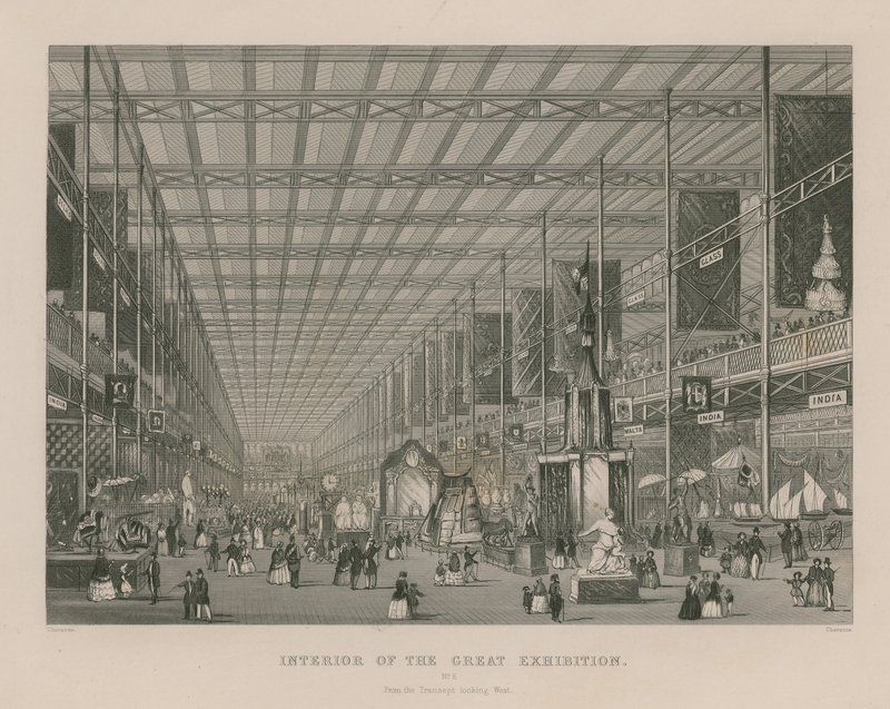Interiør av den store utstillingen, 1851, fra tverrskipet ser vestover av English School