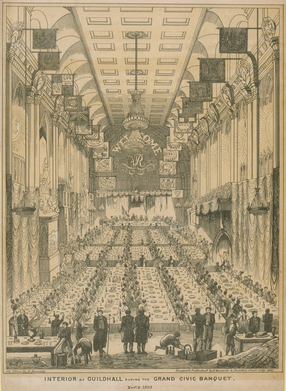 Interiør i Guildhall under den store borgerbanketten, 9. november 1837 av English School
