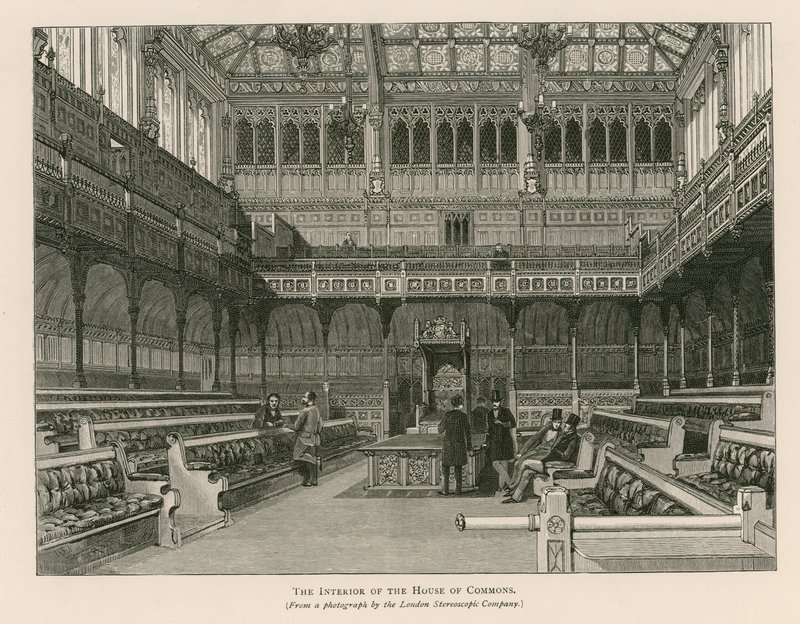 Interiør av Underhuset, Westminster, London av English School
