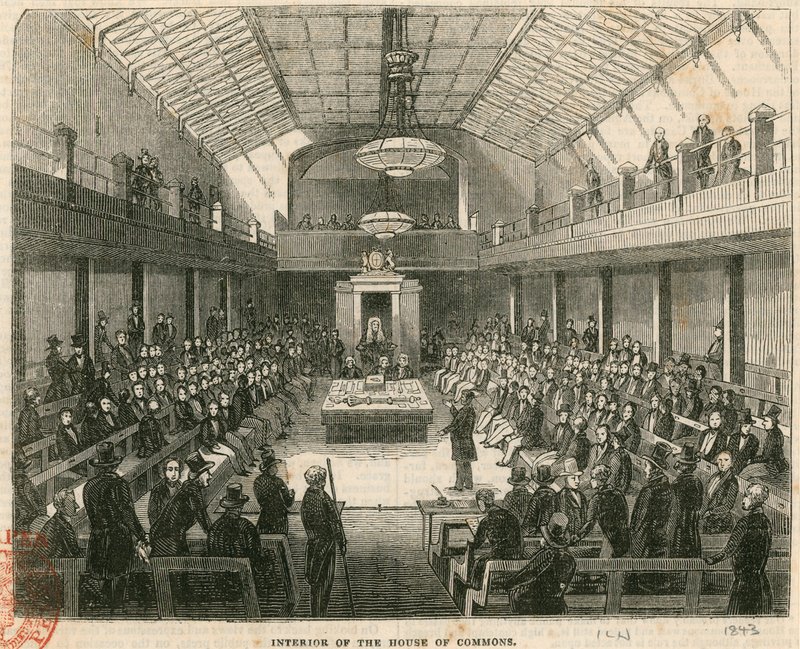 Interiør av Underhuset, Westminster, London av English School