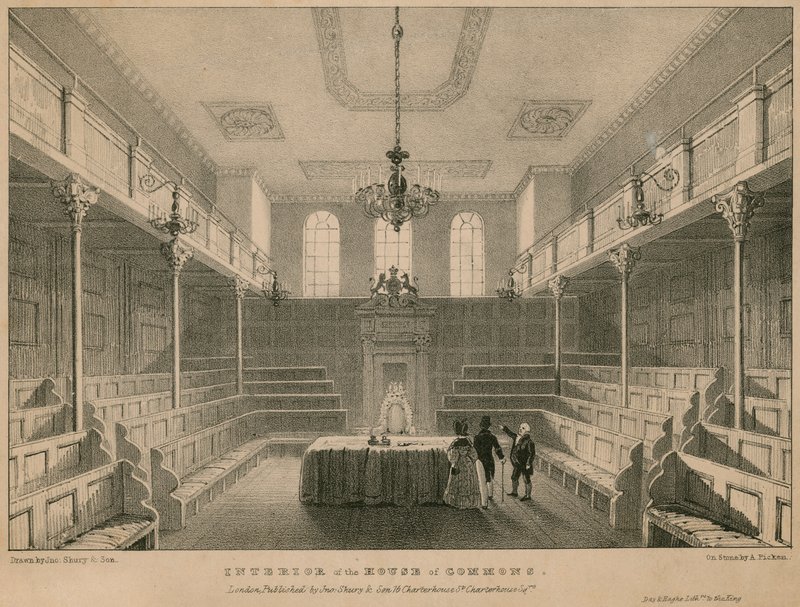 Interiør av Underhuset, Westminster, London av English School