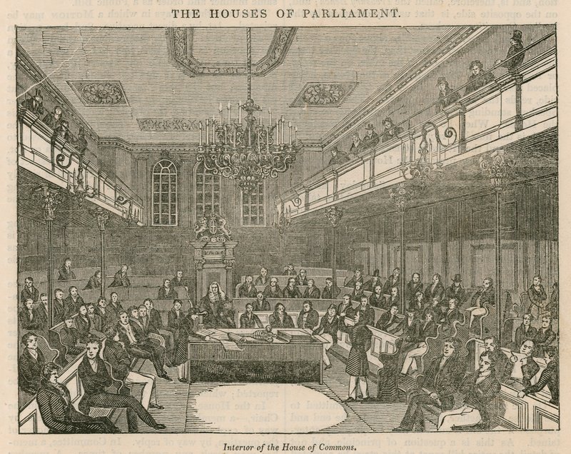 Interiør av Underhuset, Westminster, London av English School