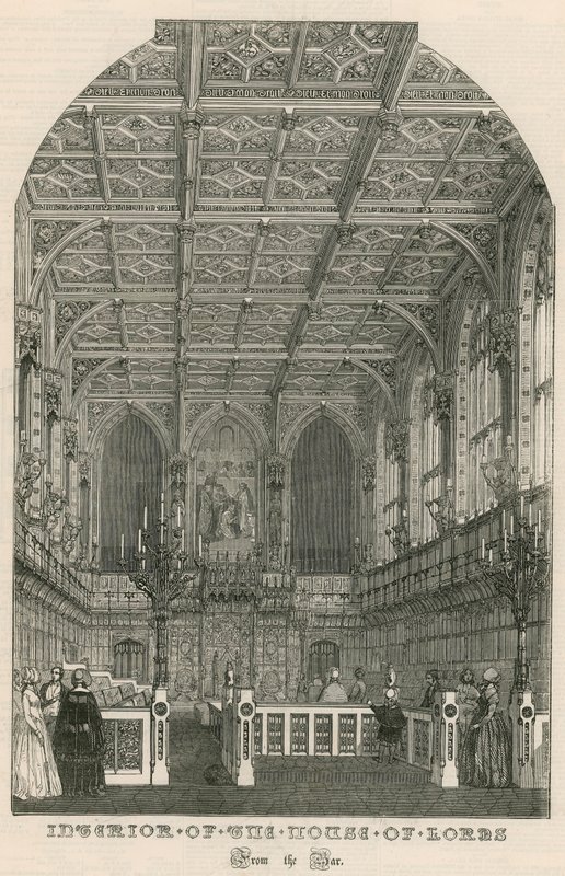 Interiør i House of Lords, Westminster, London, fra baren av English School