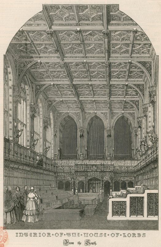 Interiør av House of Lords, Westminster, London, fra sør av English School