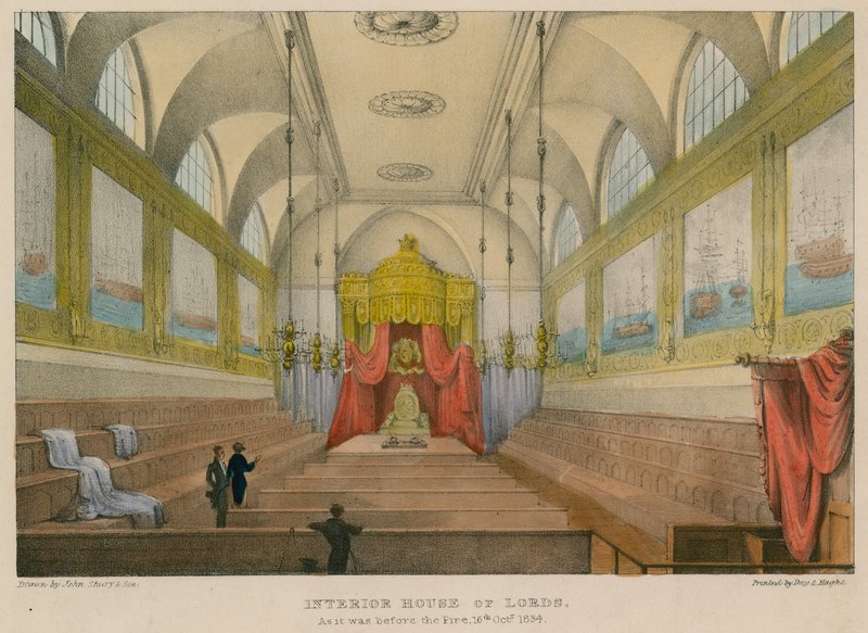 Interiøret i House of Lords slik det var før brannen, 16. oktober 1834 av English School