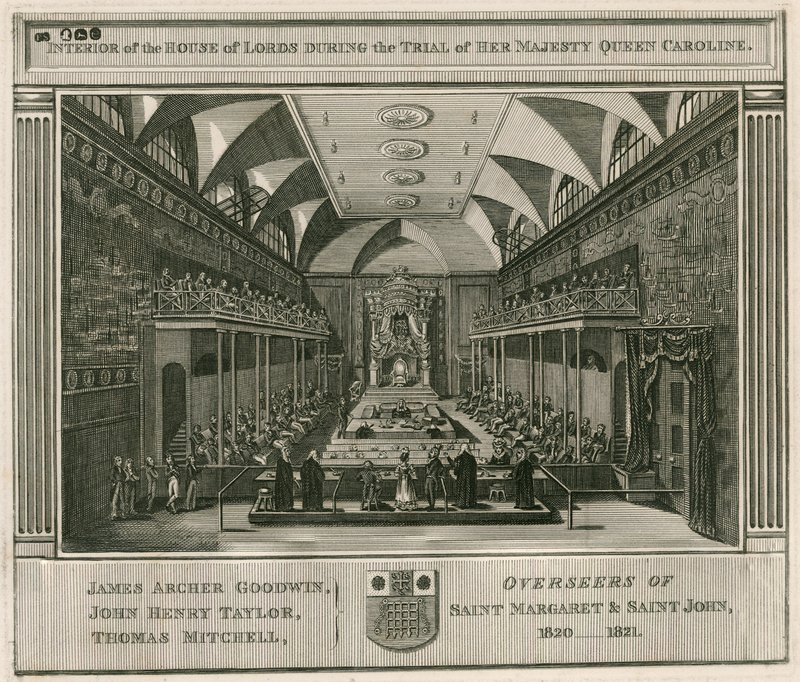 Interiør i House of Lords under rettssaken mot Hennes Majestet Dronning Caroline av English School