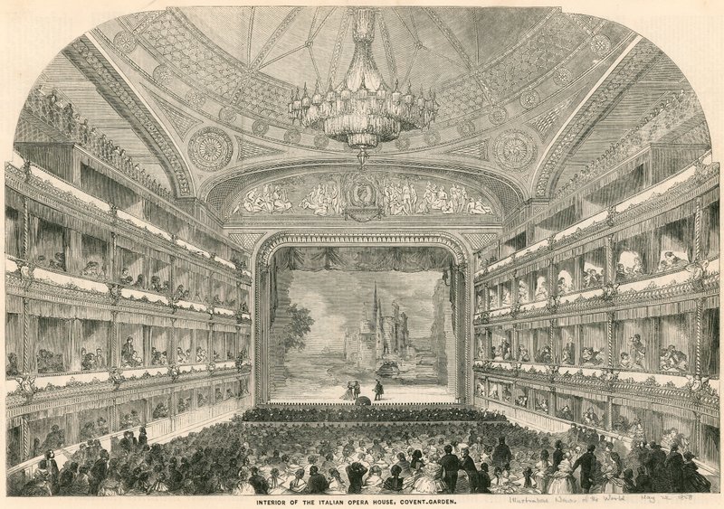 Interiør i det italienske operahuset, Covent Garden, London av English School