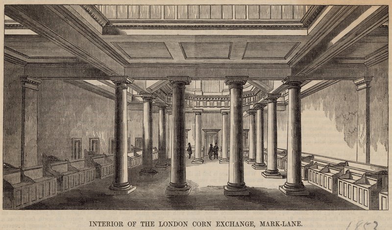 Interiøret i London Corn Exchange, Mark Lane av English School