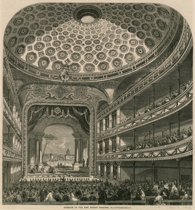 Interiør i New Surrey Theatre, Blackfriars Road, London av English School