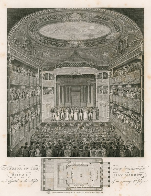 Interiør i New Theatre Royal, Haymarket, London av English School