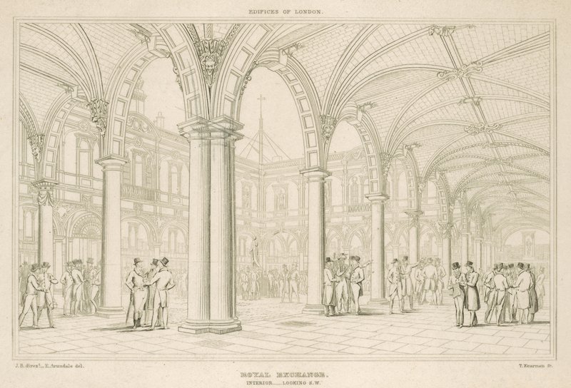 Interiør av Royal Exchange, London, med utsikt mot sørvest av English School
