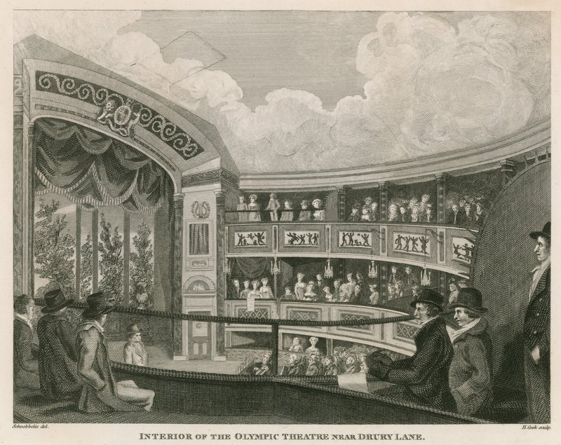 Interiør av Royal Olympic Theatre, Wych Street, nær Drury Lane, London av English School