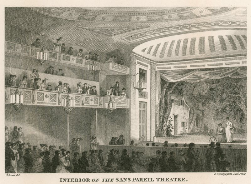 Interiør i Sans Pareil Theatre (Adelphi Theatre), London av English School