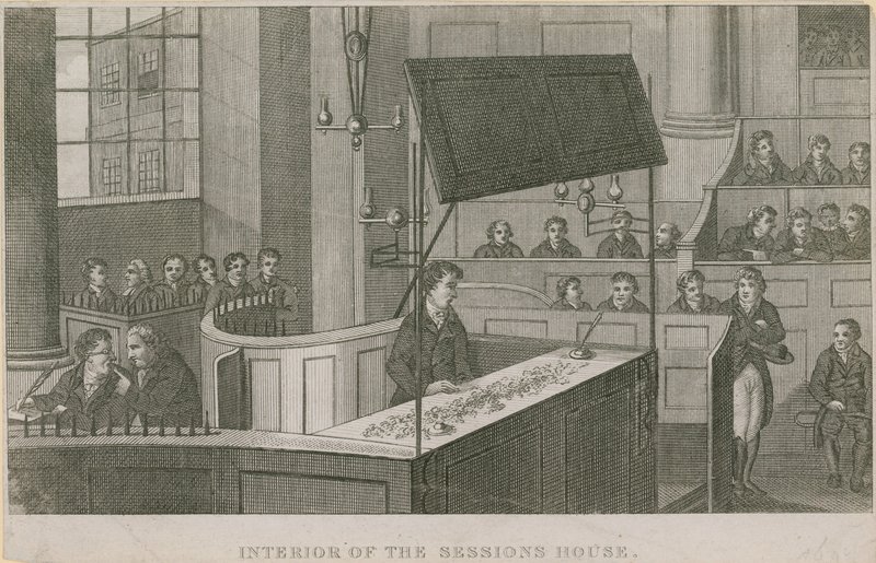 Interiøret i Sessions House, Old Bailey av English School