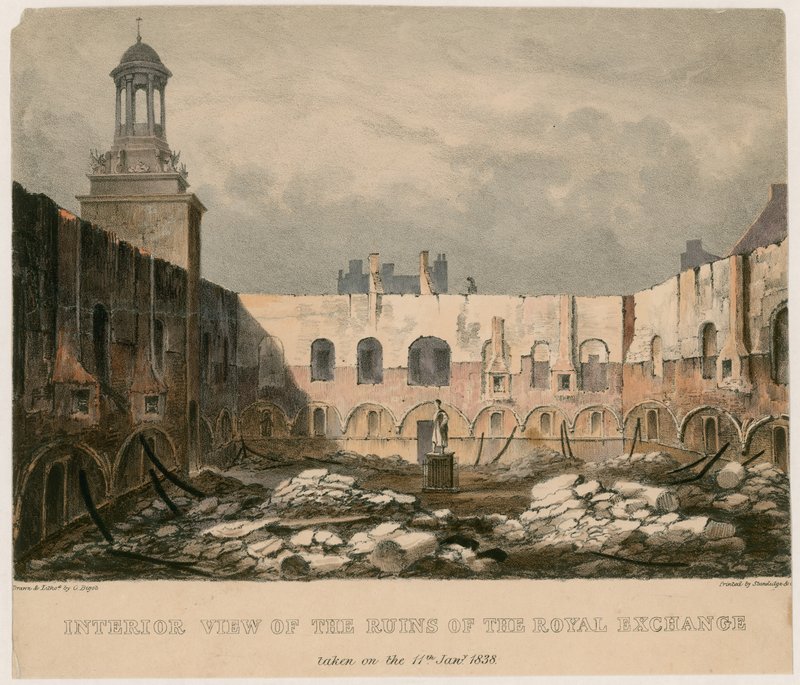 Innvendig visning av ruinene av Royal Exchange, London, tatt 11. januar 1838 av English School