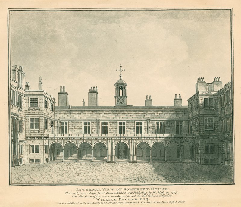 Innvendig visning Somerset House, The Strand, London; basert på et trykk tegnet av W Moss i 1777 av English School