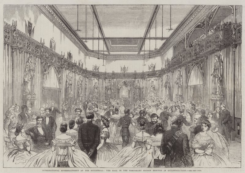 Internasjonal underholdning i Guildhall, Ballen i den midlertidige salongen reist i Guildhall-Yard (gravering) av English School