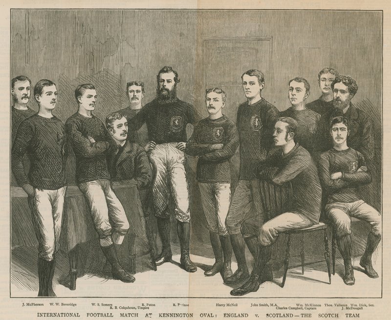 Internasjonal fotballkamp på Kennington Oval; England mot Skottland, det skotske laget av English School