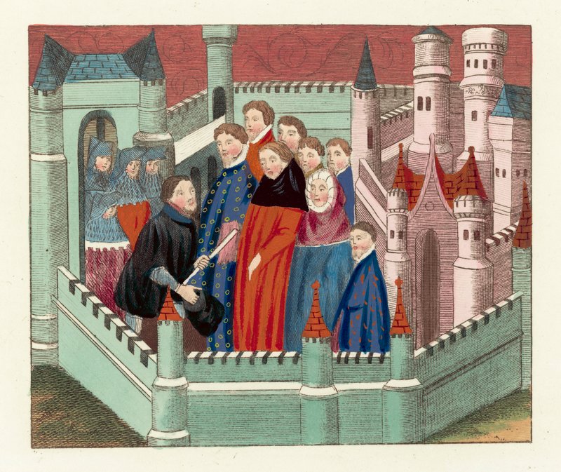 Intervju mellom hertugen av Lancaster og kong Richard II (farget gravering) av English School