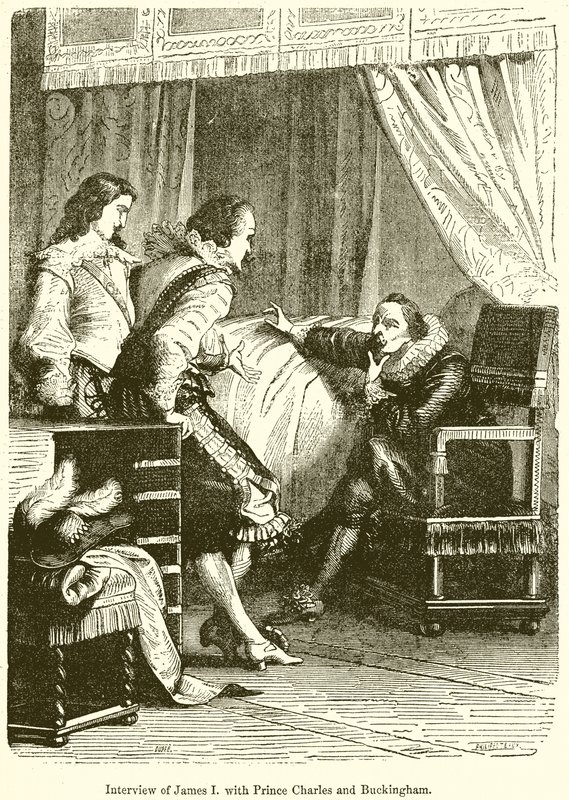 Intervju av James I. med prins Charles og Buckingham av English School