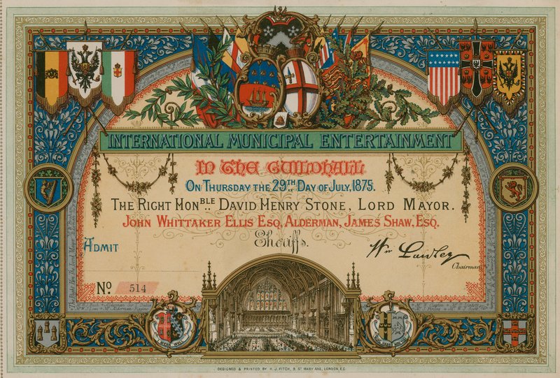 Invitasjon til International Municipal Entertainment i Guildhall, London, 29. juli 1875 av English School