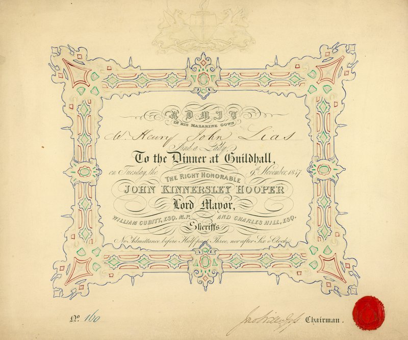 Invitasjon til en bankett i Guildhall, London, 9. november 1847 av English School