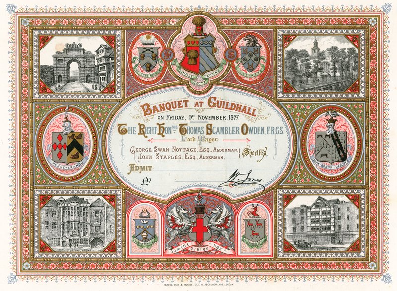 Invitasjon til en bankett i Guildhall, London, 9. november 1877 av English School